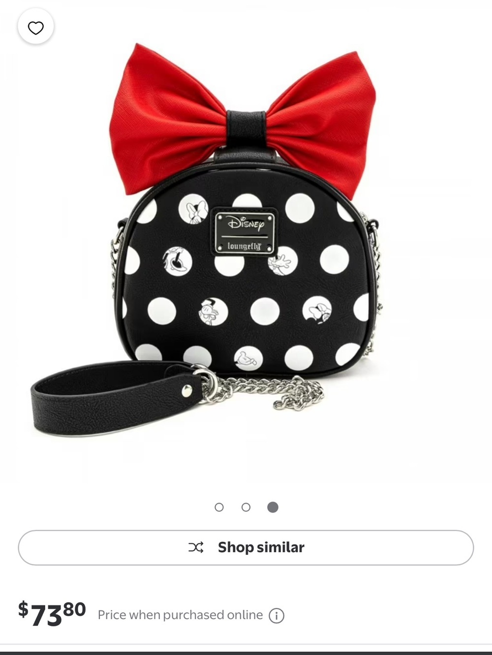Disney Loungefly Minnie Mouse Black and White Polka Dot Crossbody, Red Bow